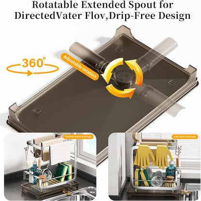PureBox Sponge Holder for Kitchen Sink with Auto-Drain, 2-Tier Extra-Wide 3-Bar Stainless Steel Rustproof Sink Organizer & Sink Caddy, Countertop Must-Have with Removable Drip Tray (9.45" x 6.5")