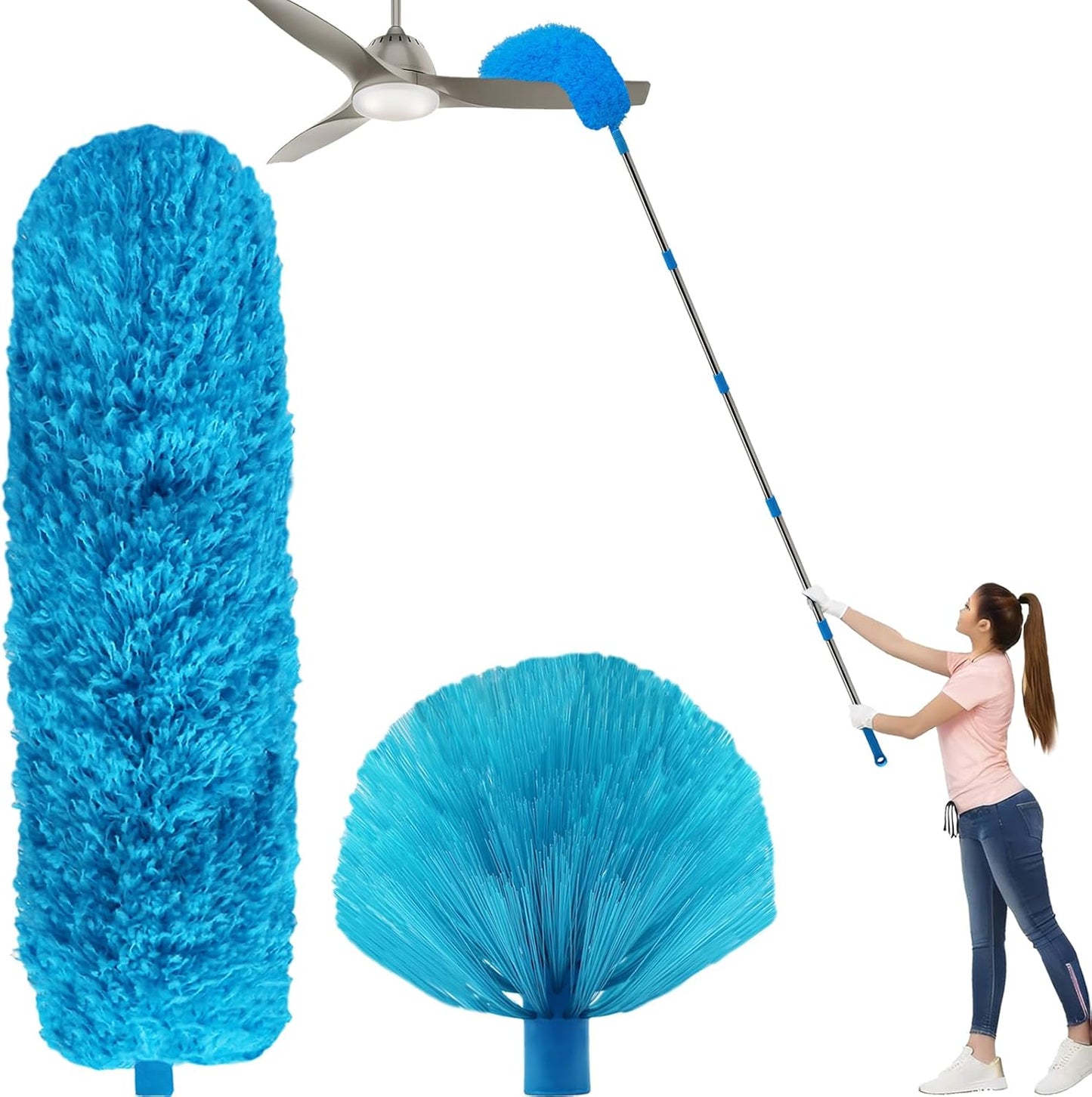 20+ Ft High Reach Ceiling Fan Duster & Cobweb & Corner Brush Duster with 3-13 ft Extension Pole, Microfiber Feather Duster with Washable Head for Ceiling Fan, Furniture, Home Cleaning