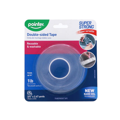 Pointer Super Strong Double-Sided Tape – Transparent, Reusable & Washable, Heavy Duty Mounting Adhesive Holds 1 lb per 4 Inches, 3/4 Inch Wide x 2.67 Yards