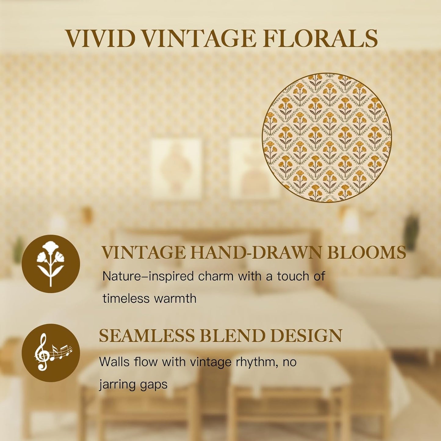 Dimoon 17.3''x78.7'' Peel and Stick Wallpaper Floral Cute Contact Paper Vintage Village Country Cottage Wallpaper Farmhouse Yellow Beige Renter Friendly Geometry Waterproof Embossed Kitchen Bedroom