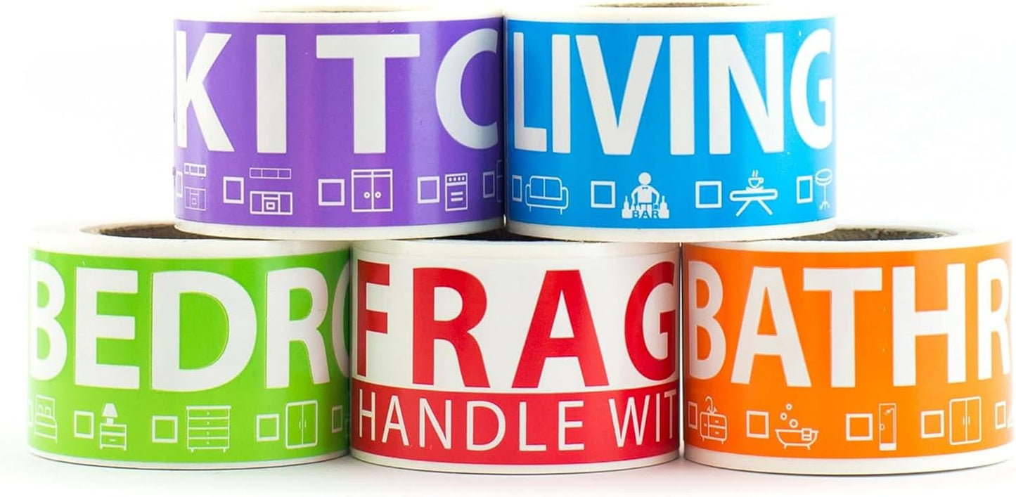 250 Home Moving Labels for 1 Bedroom — 5 Color-Coded Room Labels (50 Each) + Fragile Stickers for Moving Boxes, Supplies, Wardrobe Boxes, Apartment Moves