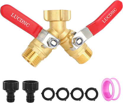 Upgrade Brass Garden Hose Splitter 2 Way Heavy Duty Y Valve With Stainless Steel Long Handle,4 Leakproof Washers,2 Connector,1 Tape As Gift,3/4" GHT Thread Water Hose Adapter
