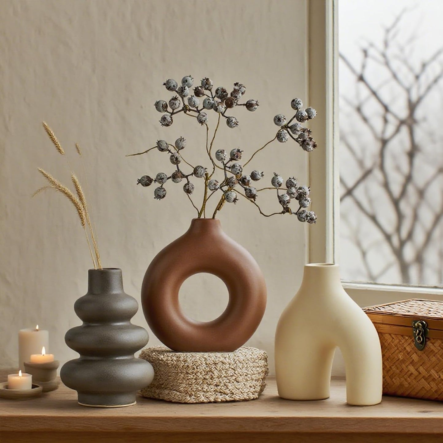 White Ceramic Vase Set of 3, Small Flower Vases for Pampas Grass, Modern Boho Vase for Decor, Round White Vases Centerpieces for Wedding Living Room Bedroom Coffee Table Dinner Table