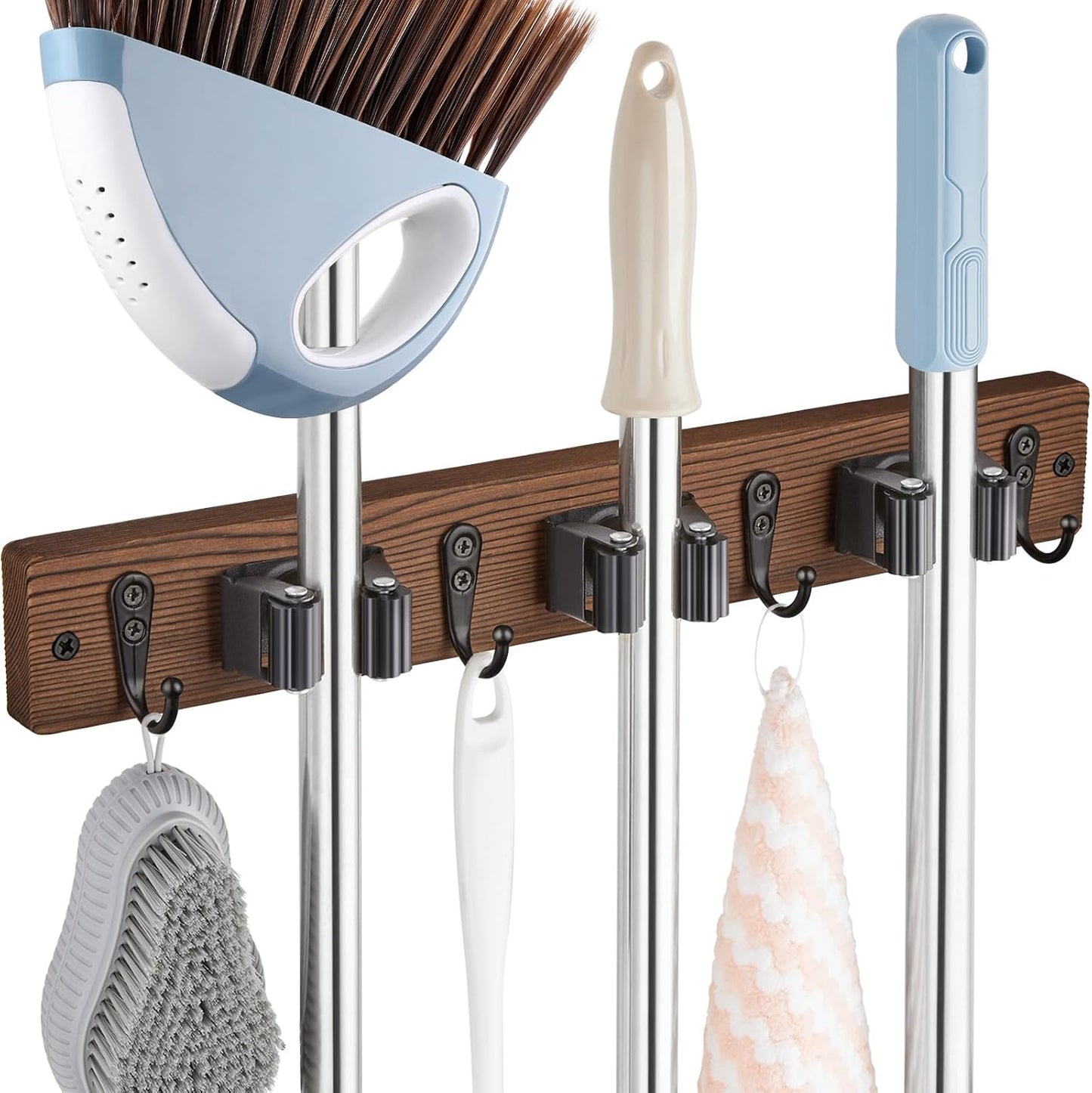 OUTNILI Mop and Broom Holder Wall Mount - Wood Broom Mop Hanger - Wall Mounted Garden Tool Rack Organizer for Closet Garage Laundry Room for Rustic Kitchen Decor With 5 Slots & 4 Hooks