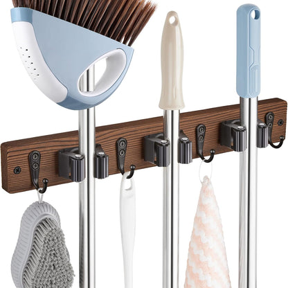 OUTNILI Mop and Broom Holder Wall Mount - Wood Broom Mop Hanger - Wall Mounted Garden Tool Rack Organizer for Closet Garage Laundry Room for Rustic Kitchen Decor With 5 Slots & 4 Hooks