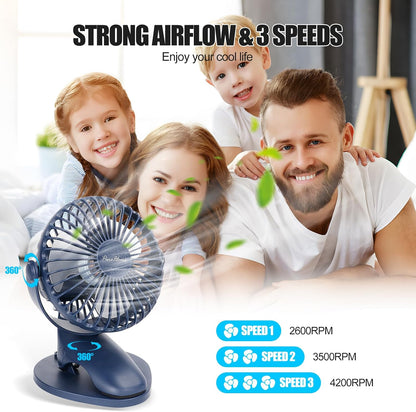 Portable Clip Fan Battery Operated,3 Speeds USB Rechargeable Mini Table Fan with Strong Airflow,360°Rotation Ultra Quiet Personal Desk Fan for Home Office Bedroom Dorm Stroller Camping(White)