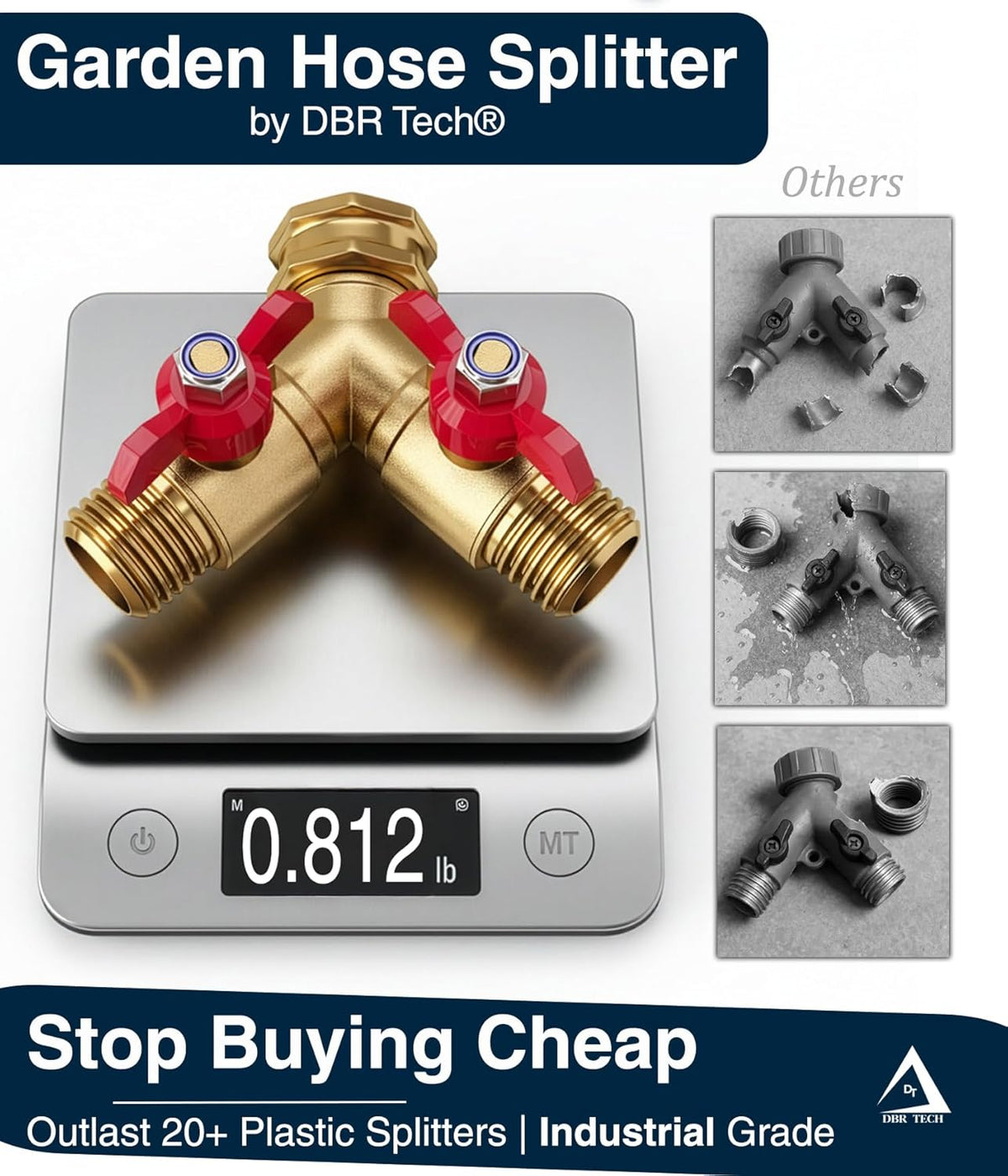 DBR Tech® Garden Hose Splitter 2 Way | Full Flow & Heavy Duty Leak-Proof Brass Water Divider with Dual Shut-Off Valves, Y (Wye) Connector for Outdoor Faucets, Spigots, Lawn & RV | Industrial-Grade