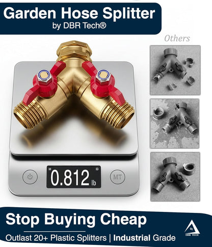 DBR Tech® Garden Hose Splitter 2 Way | Full Flow & Heavy Duty Leak-Proof Brass Water Divider with Dual Shut-Off Valves, Y (Wye) Connector for Outdoor Faucets, Spigots, Lawn & RV | Industrial-Grade