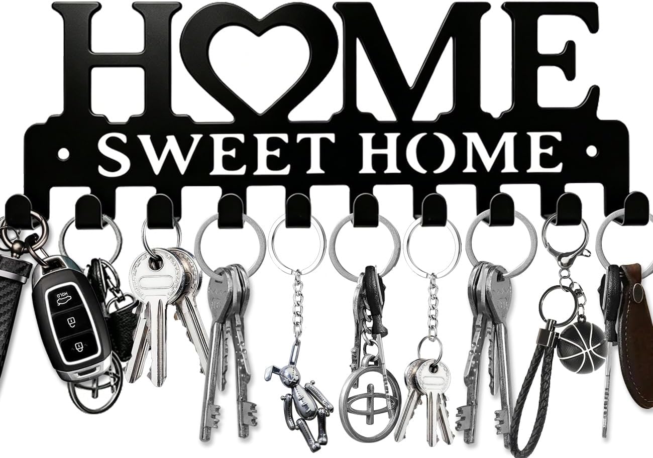 Key Holder Hooks Organizer Hanger Rack Wall Mounted Sweet Home Metal Decor Stylish and Practical for Entryway Front Door Kitchen Hallway Garage Mudroom Office Hardware Included Black