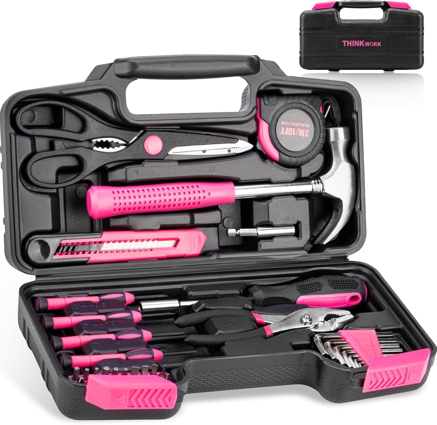 THINKWORK Pink Tool Set - 207 Piece Lady's Portable Home Repairing Tool Kit with 13'' Wide Mouth Open Storage Tool Bag, Perfect for DIY, Home Maintenance - Christmas Gift for Women, LHTS-034