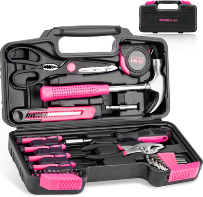 THINKWORK Pink Tool Set - 207 Piece Lady's Portable Home Repairing Tool Kit with 13'' Wide Mouth Open Storage Tool Bag, Perfect for DIY, Home Maintenance - Christmas Gift for Women, LHTS-034