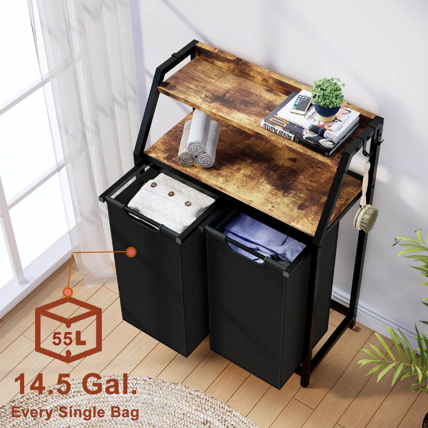 Timberer Laundry Hamper, Laundry Sorter 3 Section, Rolling Laundry Basket with Wheels, 2 Shelves, 3 × 14.5 Gal, Pull-Out and Removable Oxford Fabric Bags, for Laundry Room, Black and Rustic Brown