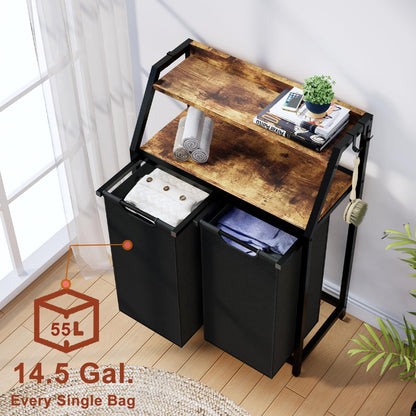 Timberer Laundry Hamper, Laundry Sorter 3 Section, Rolling Laundry Basket with Wheels, 2 Shelves, 3 × 14.5 Gal, Pull-Out and Removable Oxford Fabric Bags, for Laundry Room, Black and Rustic Brown