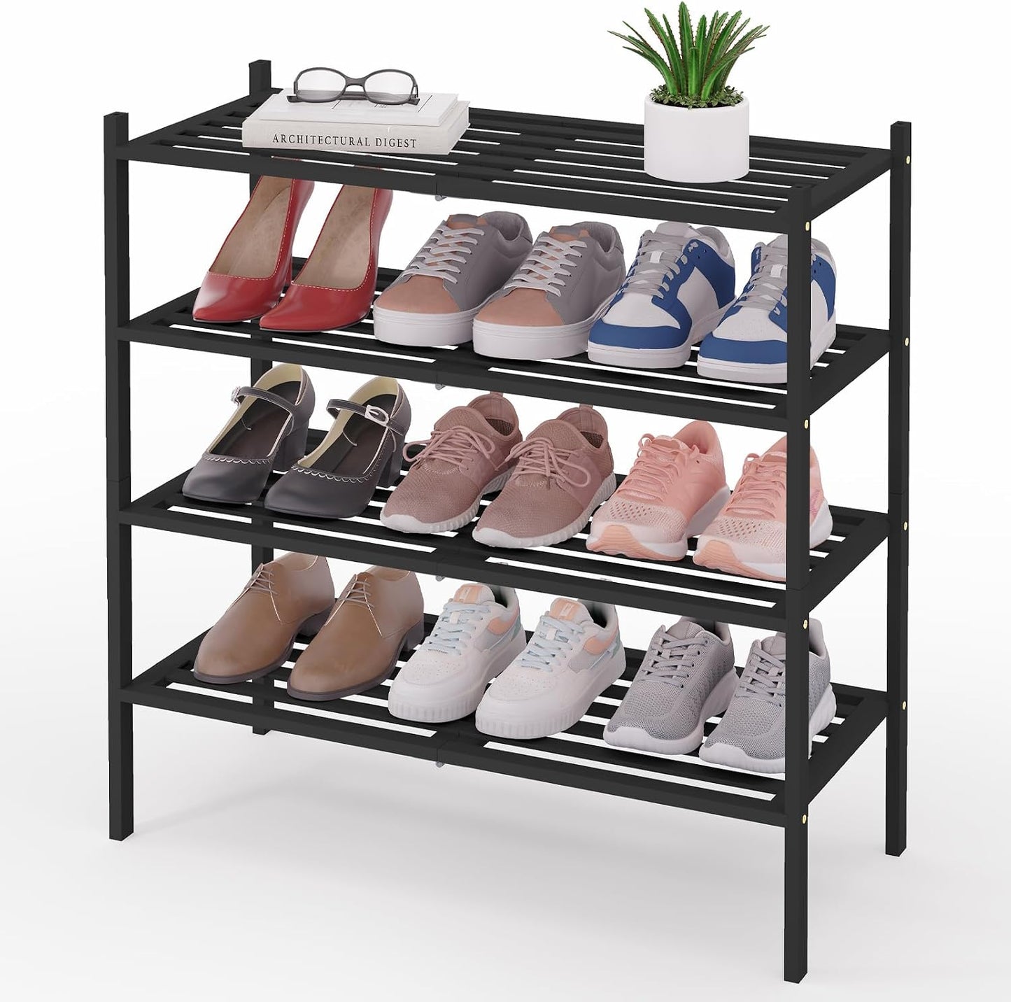 Smiry Bamboo Shoe Rack, 3 Tier Free Standing Wooden Shoe Organizer, Stackable Wood Shoe Storage Shelf for Closet, Entryway, 5 Horizontal Slats, 26.8"x11"x18.3", Natural