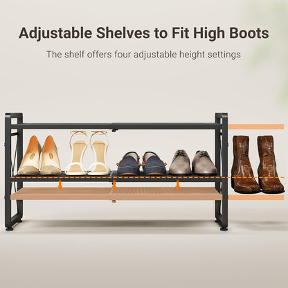 ELYKEN Shoe Rack, 2-Tier Expandable Shoe Organizer for Closet, Metal Black Shoe Shelf with 4 Hooks, Adjustable Shoe Stand Holder for Entryway, Garage, Door Entrance