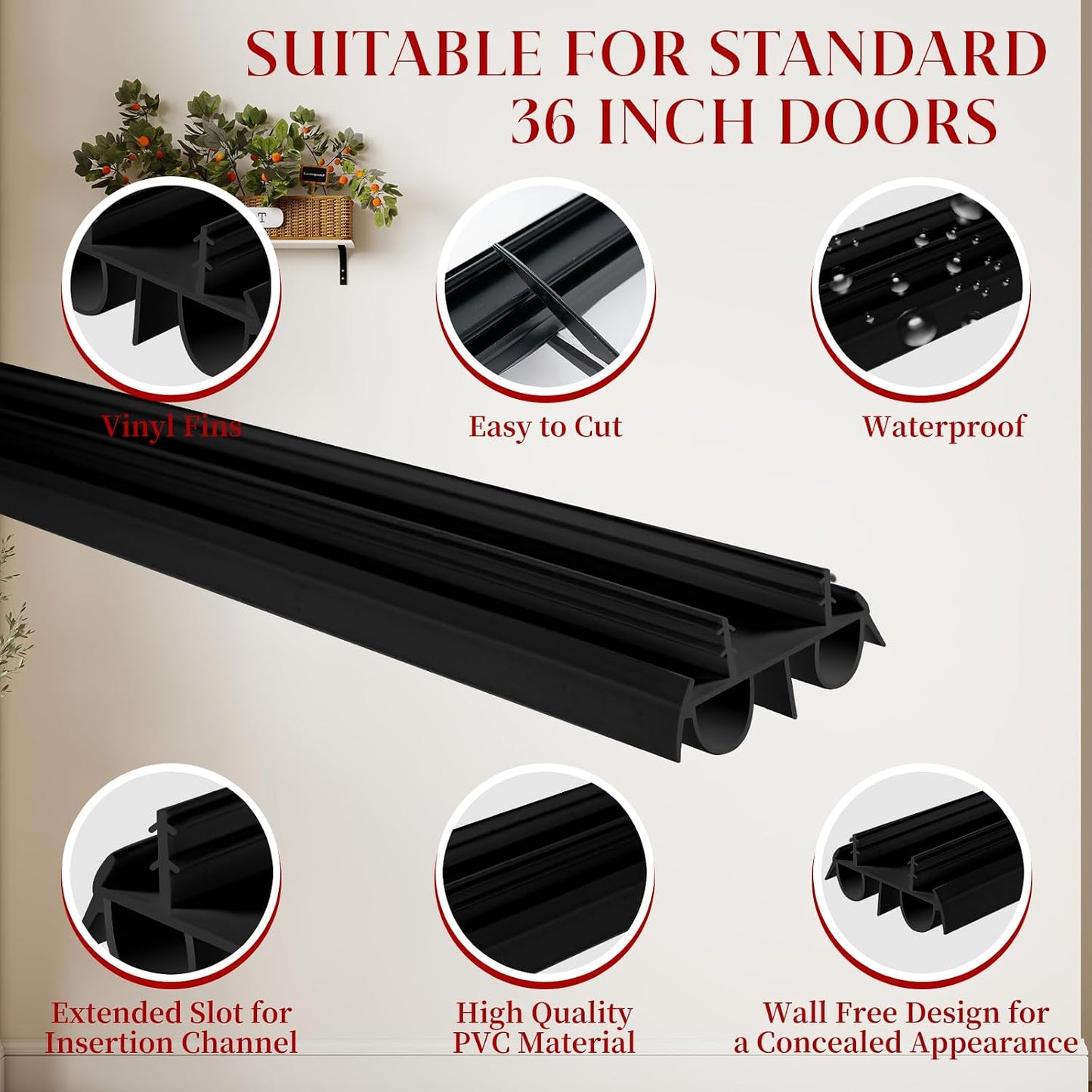 2 Pcs 36" Double Bubble Kerf Door Sweep, 1-3/4" Wide Weatherstrip Seal for Exterior Doors, Draft Stopper for Energy Saving, Windproof & Dustproof Door Bottom Seal