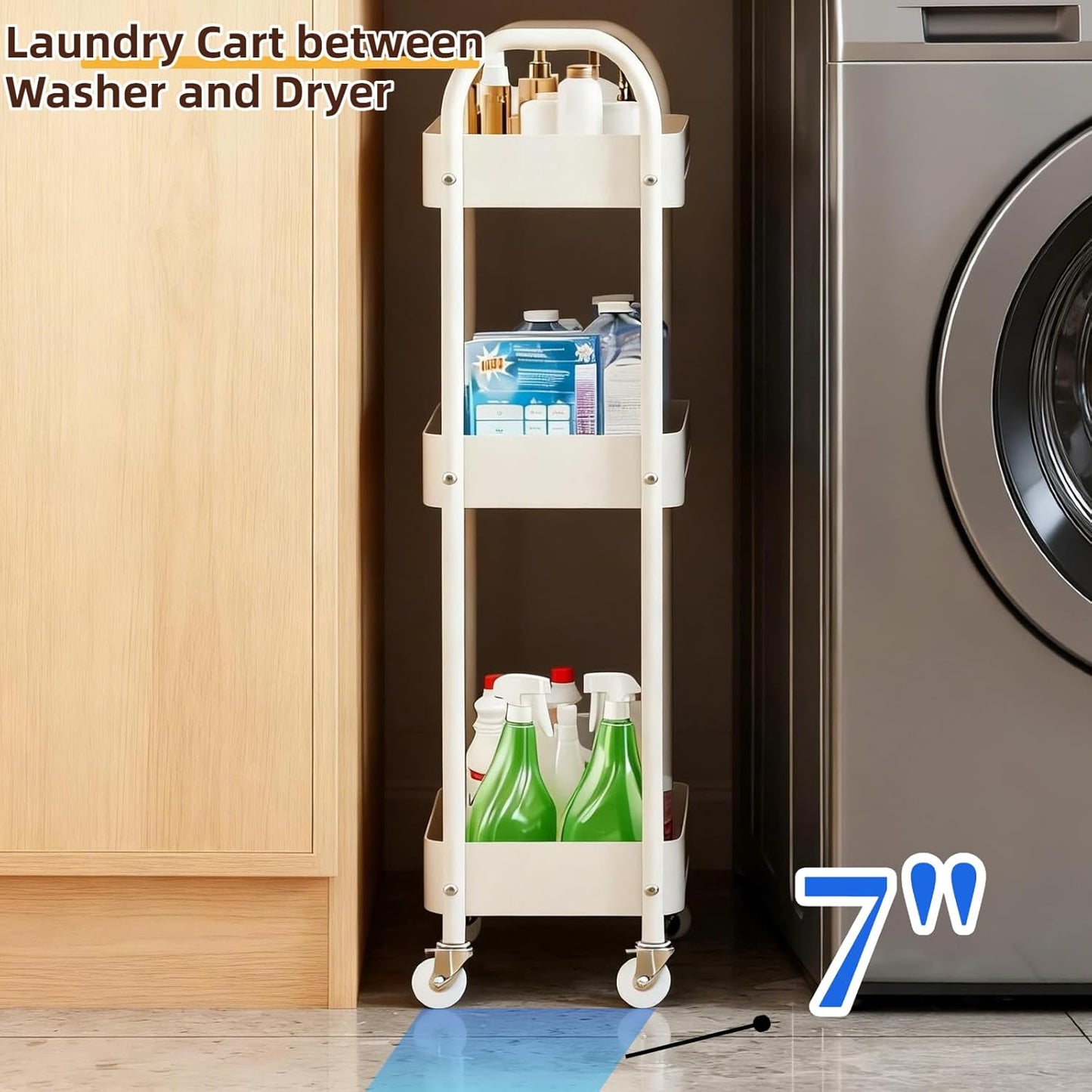 3 Tier Slim Metal Rolling Storage Cart for Laundry Room & Kitchen Organizer, 7.1'' Thin Standing Shelf for Narrow Spaces, Utility Cart with Wheels & Lockable Casters for Bathroom, Black