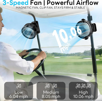 ELZO 12000mAh Clip on Fan, USB Desk Fan Rechargeable with LED Light & Hanging Hook & Magnetic (Black)
