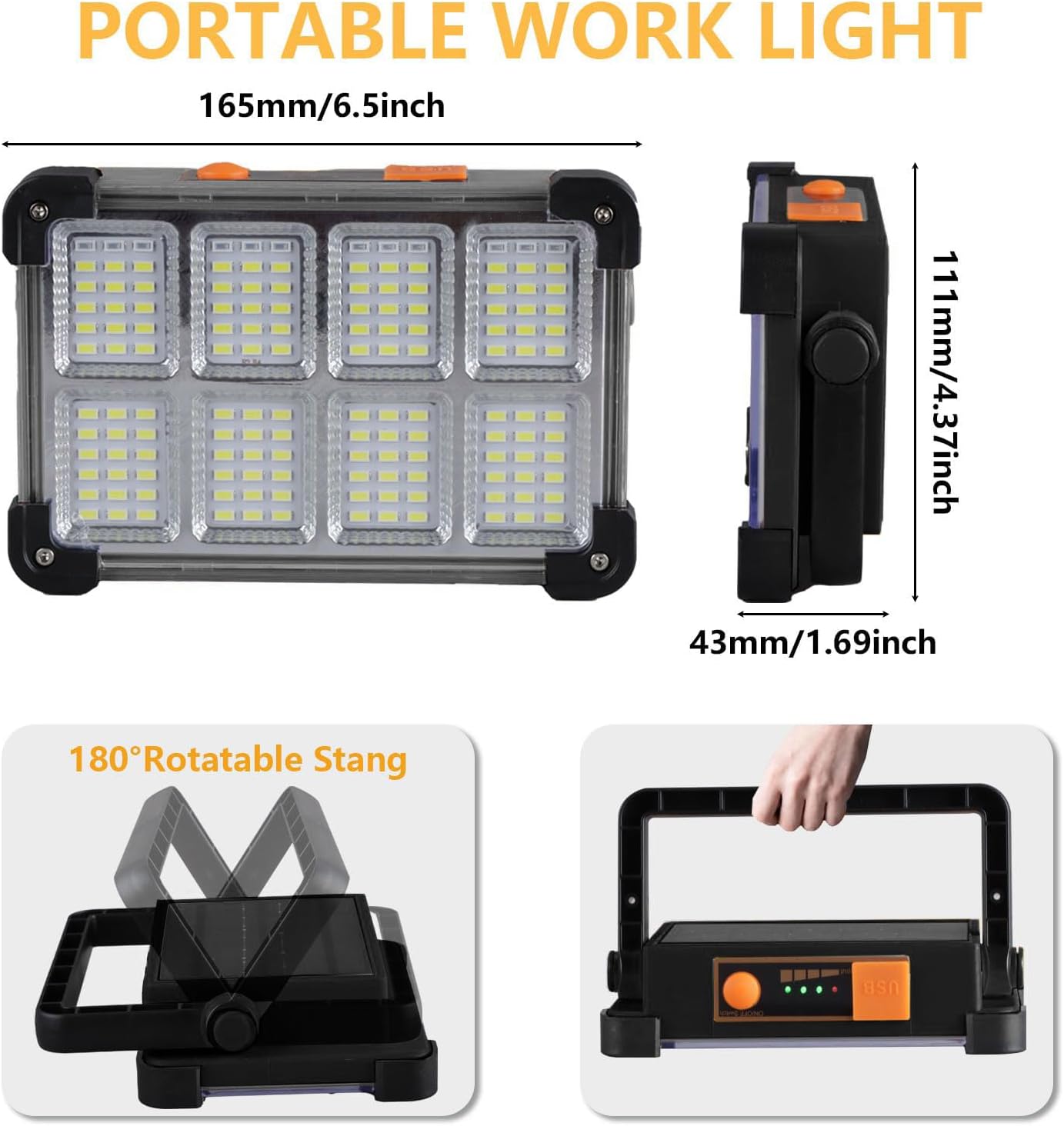 120W Solar Rechargeable Work Light, 144 LED 10000LM Portable Flood Light with Stand, IP66 Waterproof 4 Modes LED Job Site Lighting Flashlights for Mechanic Camping Fishing Car Repair