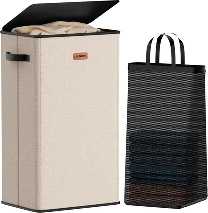 185L Laundry Hamper 3 Section, Laundry Hamper with Lid, Dirty Clothes Hamper with 3 Removable Washing Bags, Extra Large Laundry Basket Organizer for Bedroom, Laundry Room, Dorm - Black