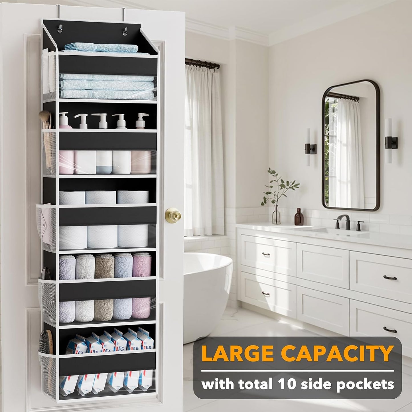 SpaceAid 1 Pack Over The Door Organizer with 5 Large Pockets and 10 Mesh Side Pockets, 5 Layers Door Organizer Hanging with Clear Window for Bedroom, Bathroom, Pantry and Nursery, Gray