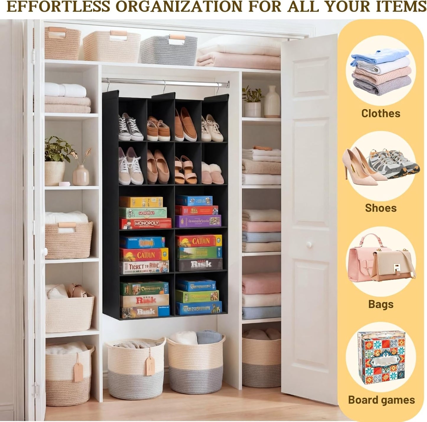 Ofiray-home 6 Tier Hanging Closet Organizer, 16 Compartments Sweater Organizer for Closet with 3 Sturdy Hooks, Closet Organizers and Storage, Wardrobe, Rv, Garment Rack, Grey