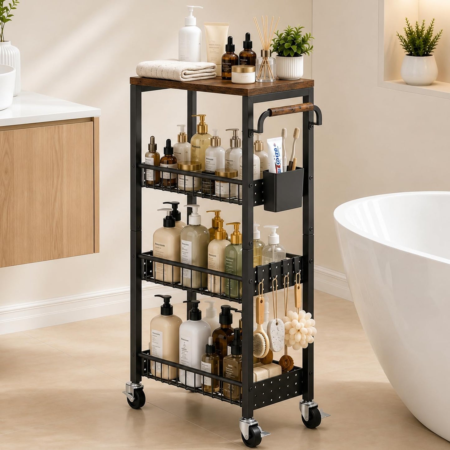 DTUQYX Slim Bathroom Storage Cart, 4 Tier Small Rolling Organizer Cabinet with Wood Top Handle, Mobile Shelving Unit Slide Out for Office, Kitchen, Laundry Room & Narrow Places (9.1" W Metal Basket)