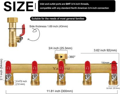 Garden Hose Splitter, 3/4” Rust and Freeze Resistant Outdoor Hose Manifold with 2 Green Extra Long Handles Faucet Adapter-Heavy Duty Brass 2-Way Valve