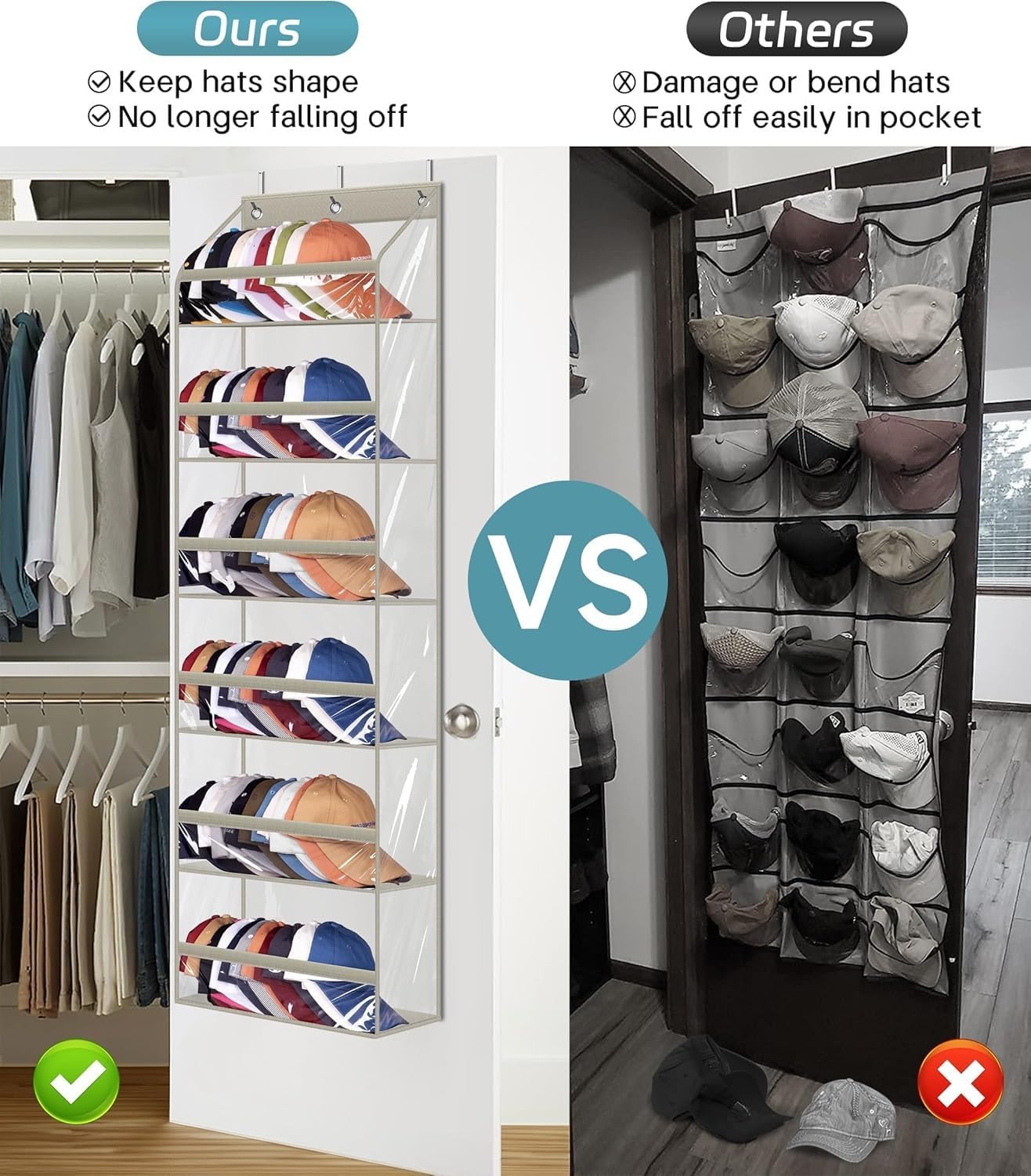 AOODA Clear Over the Door Hat Racks for Baseball Caps, Large Holds up to 72 Caps Hat Storage Organizer for Closet Wall, Deep Pockets Hanging Snapback Holder Shelves with 3 Hooks, White