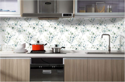 HAOKHOME Peel and Stick Wallpaper Boho Green/White Botanical Leaf Floral Wall Mural Home Nursery Decor Renter Friendly Wallpaper 17.3in x 9.8ft