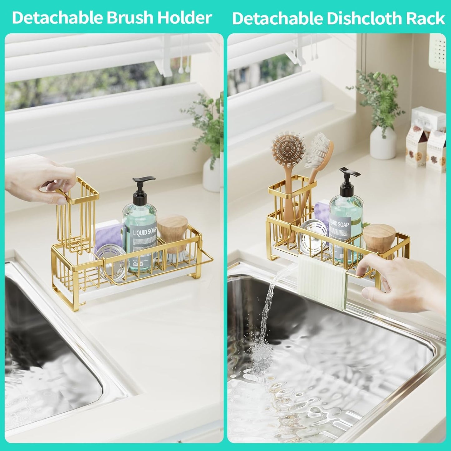 HapiRm Sponge Holder for Kitchen Sink - Self-draining Sink Caddy with Brush and Dishcloth Holders, Stainless Steel Kitchen Countertop Organizers and Storage Essentials - Black