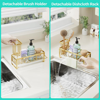 HapiRm Sponge Holder for Kitchen Sink - Self-draining Sink Caddy with Brush and Dishcloth Holders, Stainless Steel Kitchen Countertop Organizers and Storage Essentials - Black