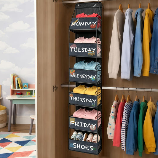 2 Pack Weekly Clothes Organizer for Kids, 6 Shelf Hanging Closet Organizer with Clear Window, Foldable Days of the Week Over the Door Outfit Organizer with Labels for Closet School