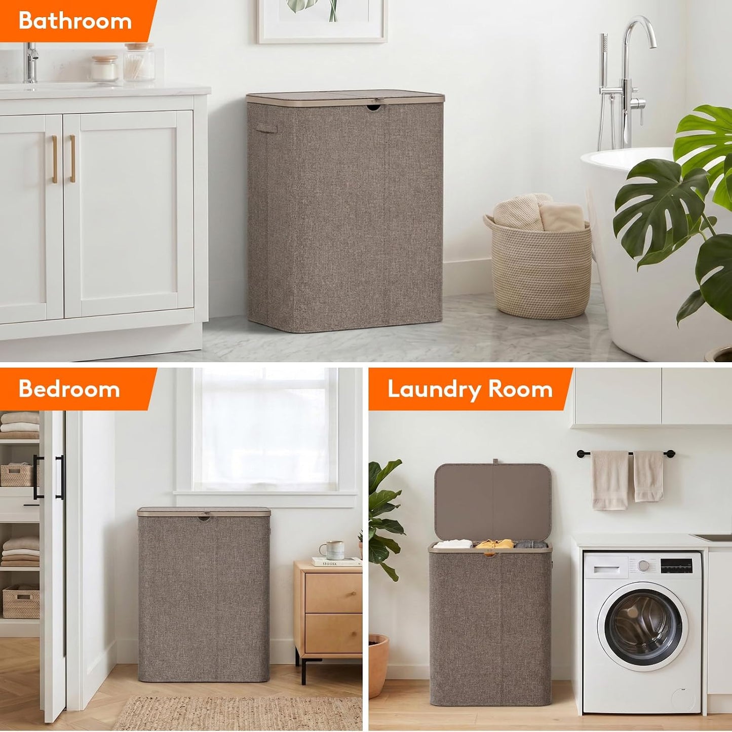 Lifewit 185L 3 Section Laundry Hamper with Lid, Large Laundry Basket with Handles and Removable Bags, Tall Clothes Hamper, Foldable Laundry Sorter for Bedroom Bathroom, Beige