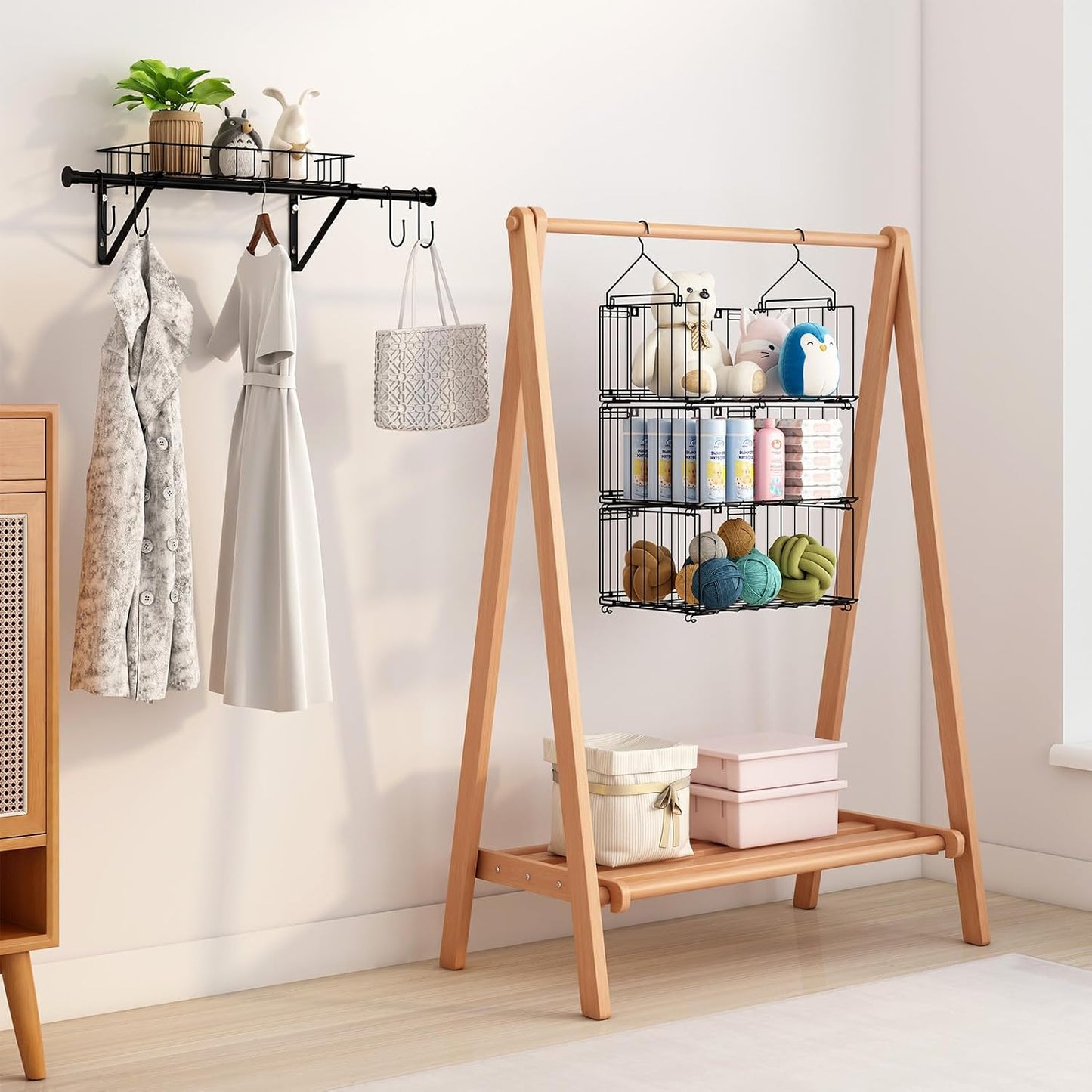 BUKFEN 3 Tier Hanging Closet Organizer, Wall Mounted Wire Storage Shelf with 4 Hooks, Foldable Stackable Organizer for Laundry Room, Bedroom, Bathroom, 1 Pack