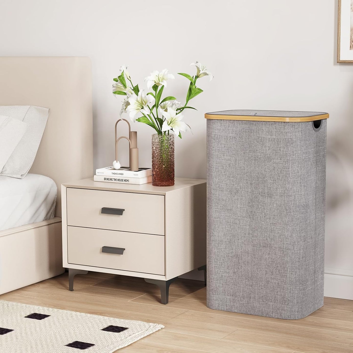 Lifewit 120L Laundry Basket with Lid, Clothes Hampers for Laundry with Bamboo Handles and 2 Removable Bag, Large Foldable Laundry Hamper for Bedroom, Bathroom, Dorm, Laundry Room, Beige