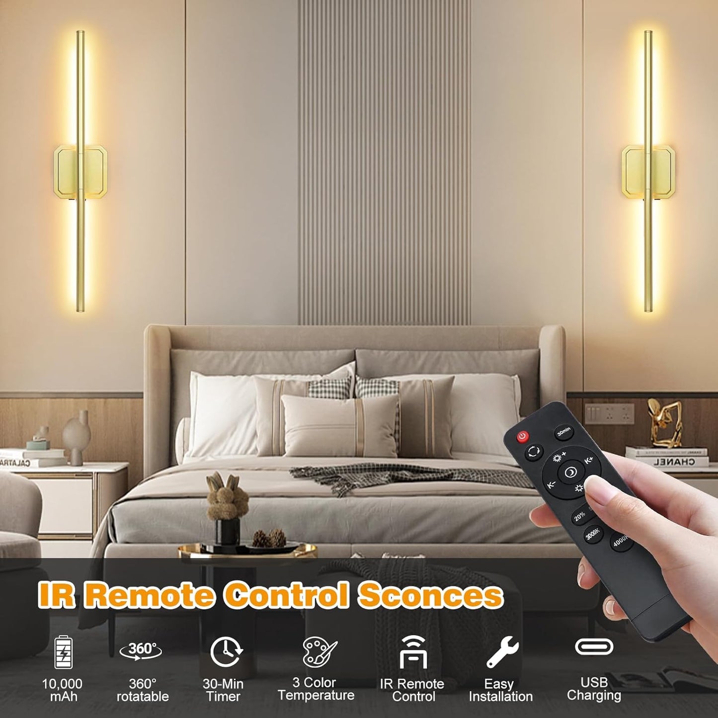 Battery Operated Wall Sconces Set of 2, 𝐔𝐩𝐠𝐫𝐚𝐝𝐞𝐝 Rechargeable Wall Lights with Remote Control, LED Wall Sconces Black, 3000K-6000K Dimmable 360° Rotatable for Living Room, Bedroom, 28''
