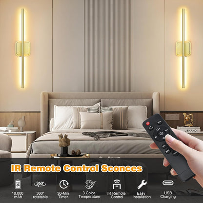 Battery Operated Wall Sconces Set of 2, 𝐔𝐩𝐠𝐫𝐚𝐝𝐞𝐝 Rechargeable Wall Lights with Remote Control, LED Wall Sconces Black, 3000K-6000K Dimmable 360° Rotatable for Living Room, Bedroom, 28''