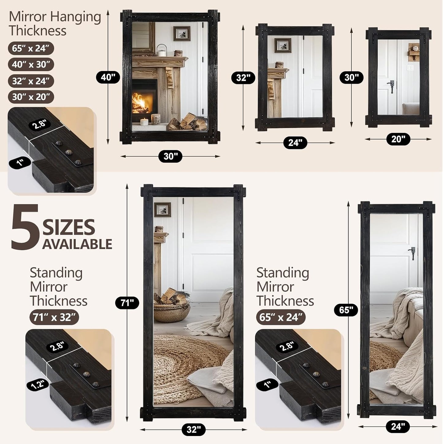 65x24 Inch Full Length Mirror, Pine Frame Full Body Standing Mirror with Metal Decorative, Black
