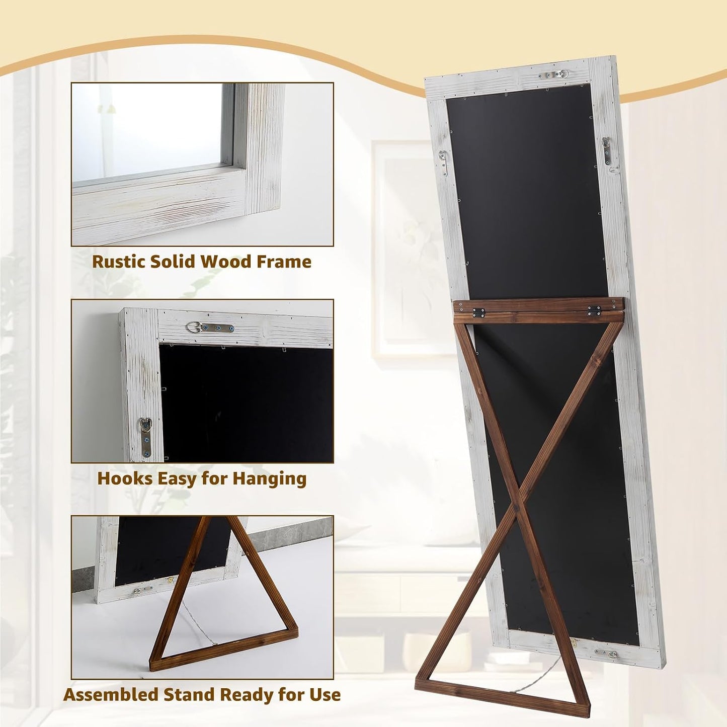 MELOMOIR Rustic Farmhouse Full Length Mirror, 64"x21" Wood Frame Floor Mirror, Free Standing Leaning Hanging Mirror, Long Mirror for Bedroom Living Room Cloakroom