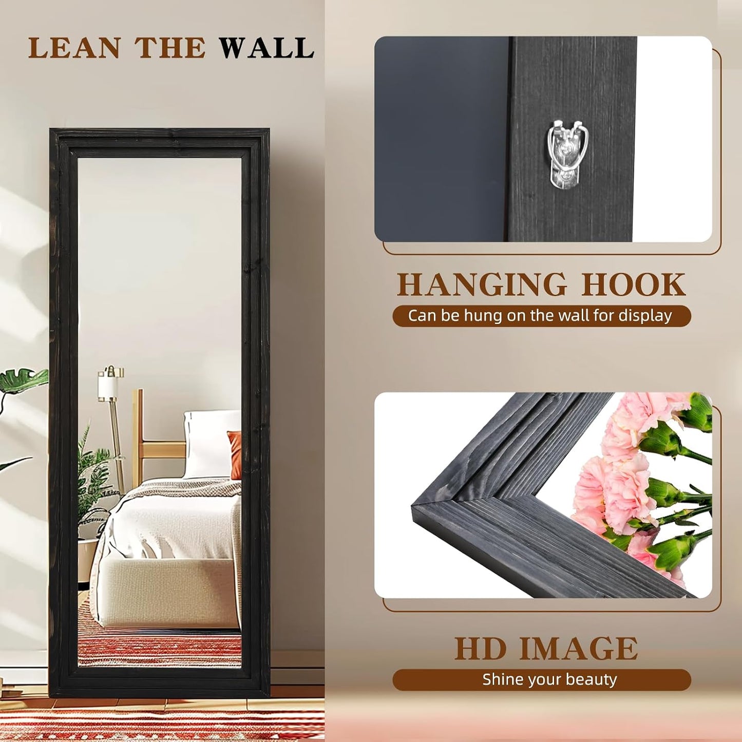 Full Length Mirror 65"x22" with Stand Solid Wood Frame Floor Large Mirror for Living Room, Bedroom Hanging Standing or Leaning Wall-Mounted, New Black