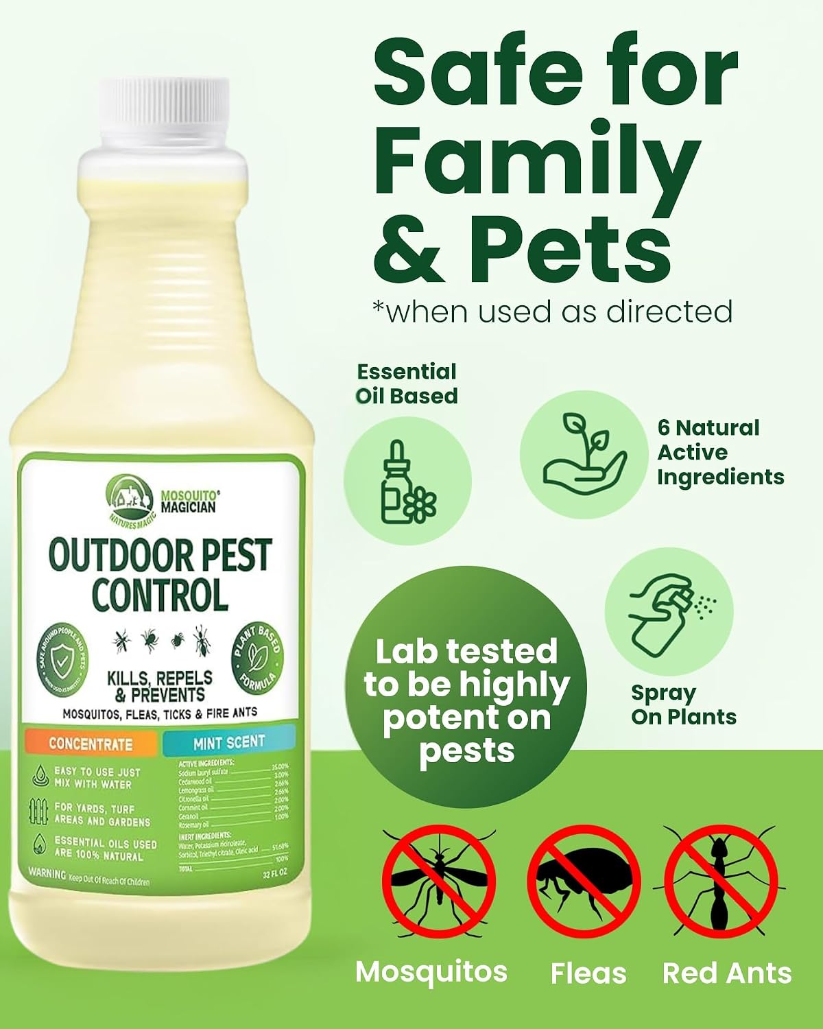 Mosquito Magician Liquid Concentrate – Kills Mosquitoes, Fleas & Fire Ants, Repels and Prevents Ticks – Essential Oil Yard Treatment Spray – Use with Sprayers, Foggers & Misting Systems – 32 oz, Mint