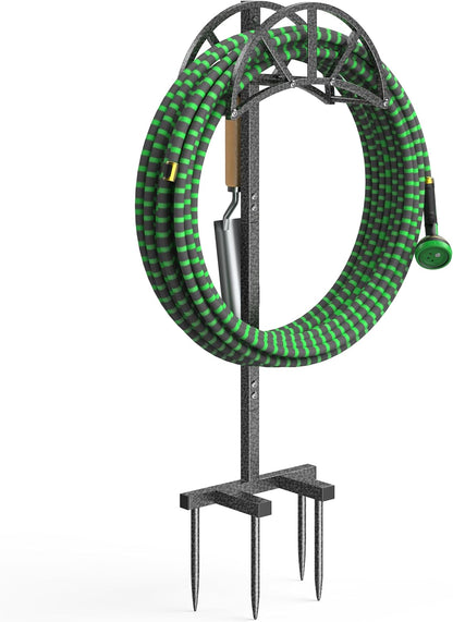 Mr IRONSTONE Garden Hose Holder Freestanding with 4 Spikes, Upgraded Water Hose Holder with Stainless Steel Screws, Heavy Duty Hose Stand Holds (Black)
