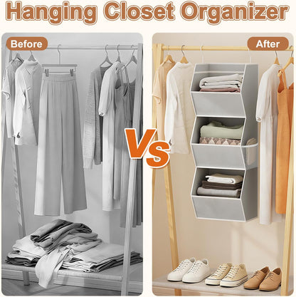 Hanging Closet Organizer 4 Shelf Collapsible Bedroom Closet Organizers and Storage Hanging with Mesh Pockets for Clothes, Fabric Hanging Storage Bins for Wardrobe Closet Organization and Storage, Grey