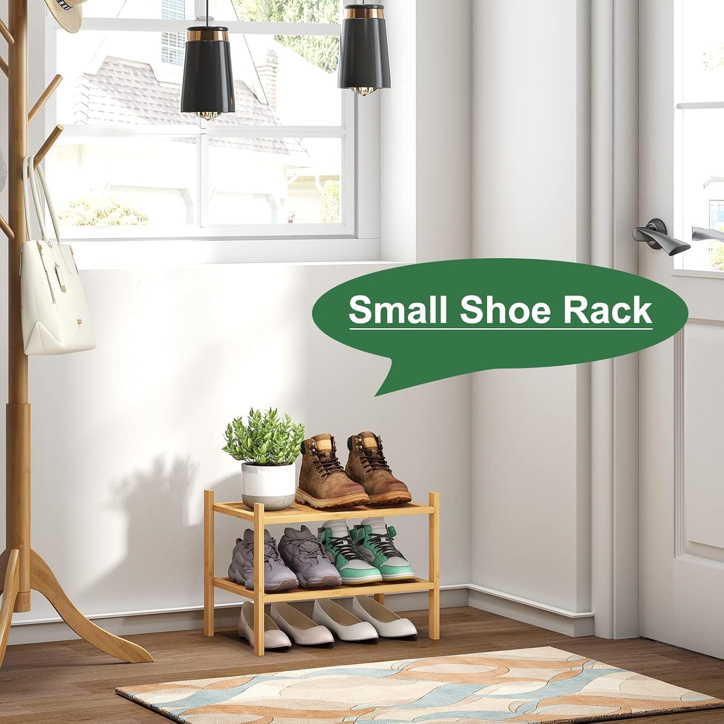 kiplant Small Shoe Rack, 4-Tier Bamboo Wood Shoe Rack for Entryway, Stackable Shoe Organizer for Hallway Closet, Free Standing Shoe Racks for Indoor & Outdoor