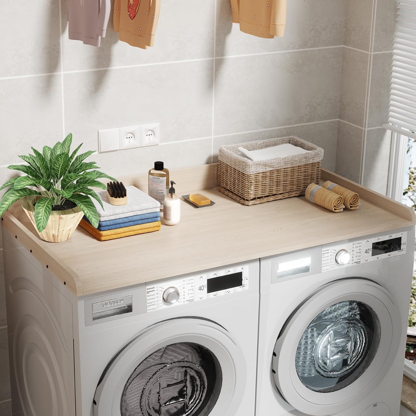 Washer Dryer Countertop with Shelf, Washer Dryer Topper, Solid Wood Washers and Dryers Countertop, 54" Width x 27.5" Depth Laundry Countertop for Laundry Room Organization and Storage, Black