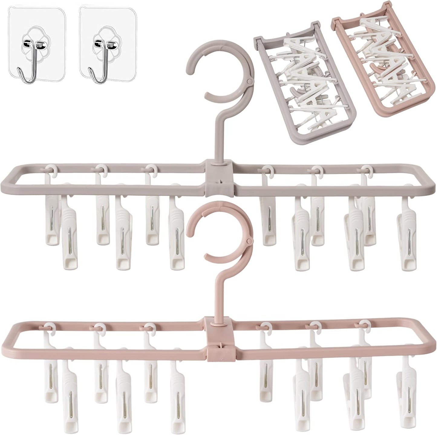 Foshine Clothes Drying Racks 2 Pack Small Folding Portable Underwear Hangers with 12 Clips 360° Rotatable Hook for Socks Drying Towels Bras Baby Clothes Gloves Plast 3 pcs Traceless Hook.