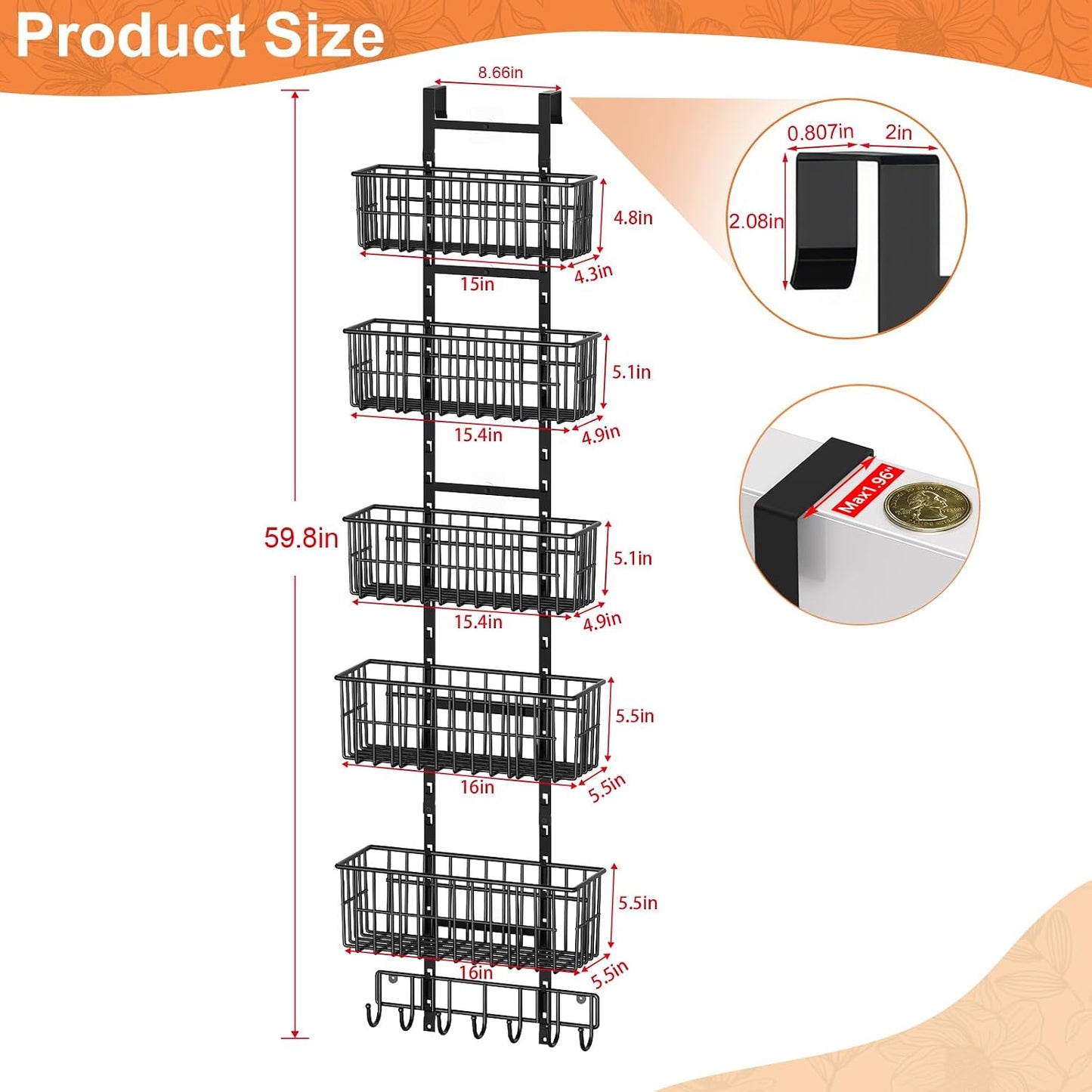 Hongtamoya Over The Door Organizer, Hanging Door Organizer with 5 Metal Baskets, Behind The Door Storage for Pantry Closet Bedroom Bathroom Cabinet Kitchen, White