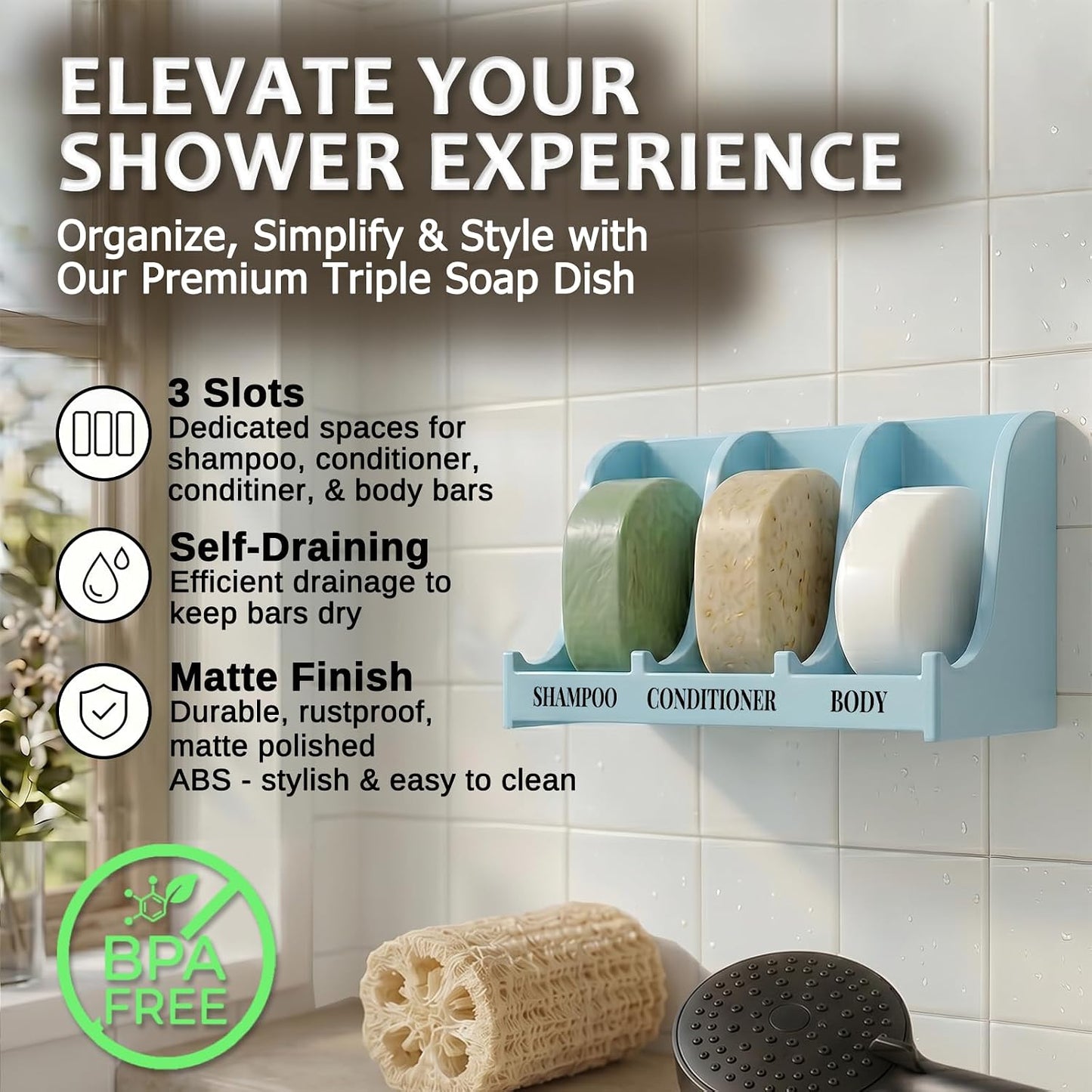 Soap Holder for Shower Wall, 3-Compartment Soap Dish for Shampoo, Conditioner and Body Soap, Fast Draining & Rust-Proof & Heavy Duty, Ultra-Strong Adhesive for Long-Term Bathroom Use & Freestanding