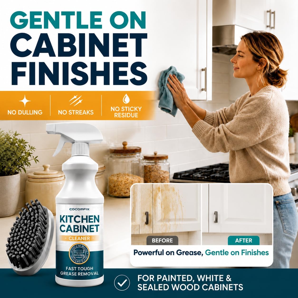 cocomfix Kitchen Cabinet Cleaner for Sticky Grease, Gentle Residue-Free Cabinet Degreaser for Wood, Painted & White Cabinets, Removes Grime, Fingerprints & Buildup, with Soft Scrub Brush, 32oz